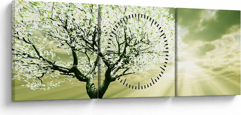 Obraz kwitnącego drzewa (z zegarem) (90x30 cm)