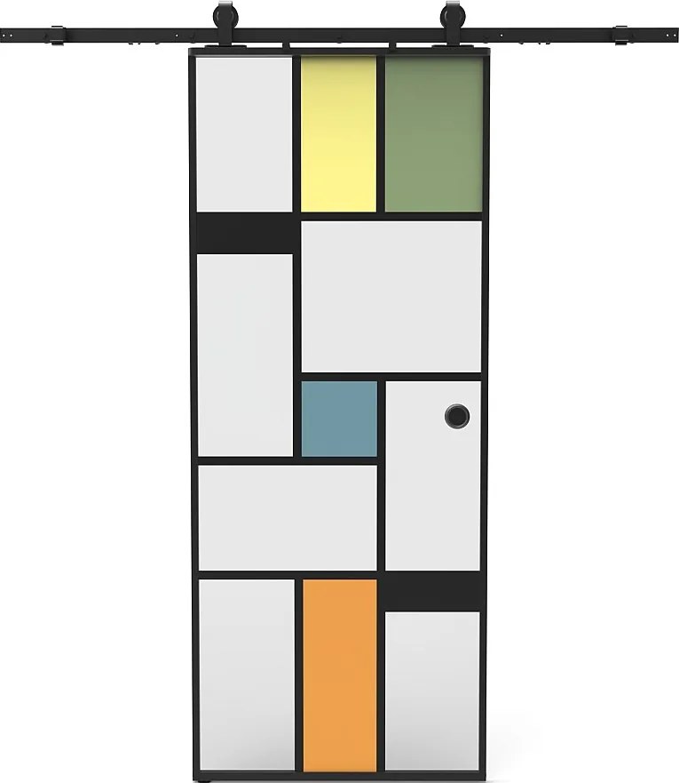 Drzwi przesuwne z systemem naściennym z aluminium i szkła hartowanego z sitodrukiem - W204 x S83 cm - MONDANO