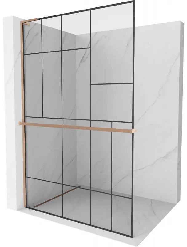 Mexen Kioto+ L ścianka prysznicowa z półką Walk-in 80 x 200 cm, czarny wzór, miedź szczotkowana - 800-080-123-65-78