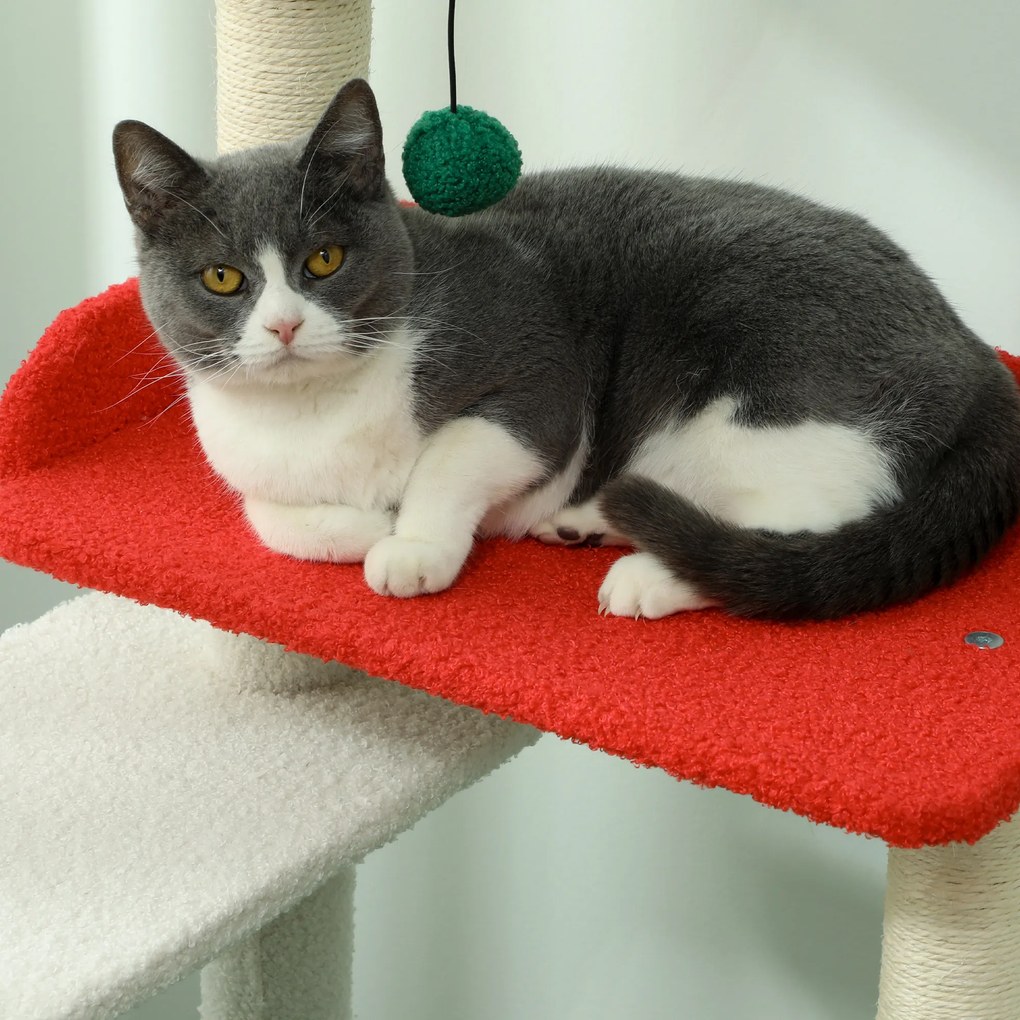 PawHut 135 cm Drapak dla kotów w świątecznych kolorach z łóżkiem dla kota, domkiem, słupkami do drapania, platformami do skakania, zabawkami z piłkami