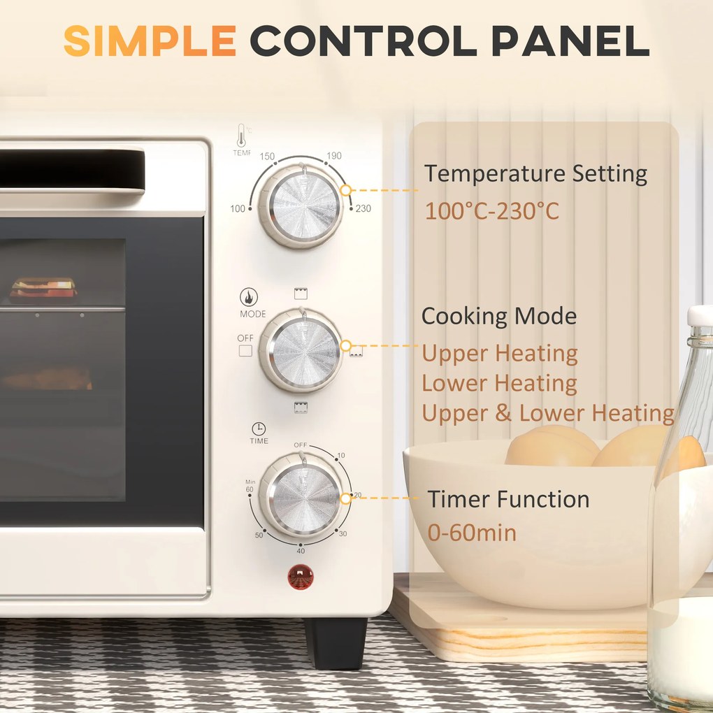 Mini Piekarnik HOMCOM, 3 tryby, do 230° C, 1400W, z akcesoriami, 46x38,5x29cm, Kremowy