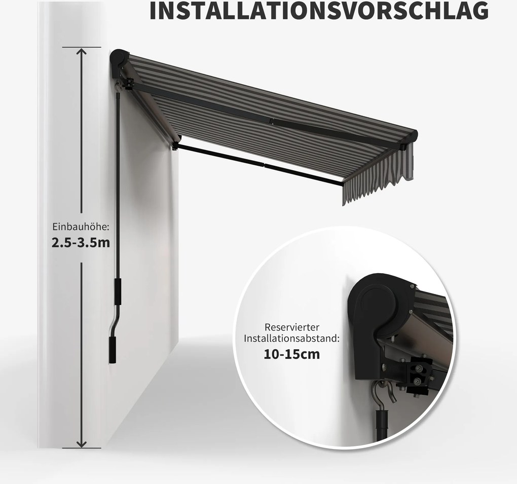 Outsunny Markiza przeciwsłoneczna Tarasowa Markiza, odporna na warunki atmosferyczne, 1 korbka, 395 x 250 x 150 cm, Szary + Biały