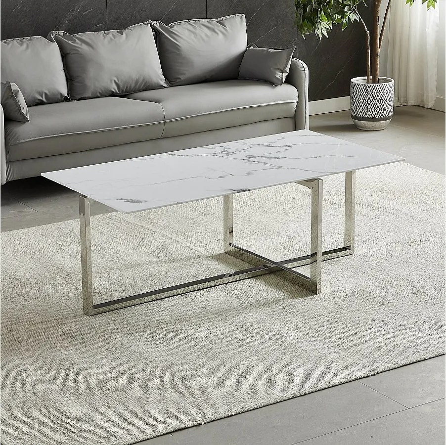Prostokątny stolik kawowy – Hartowane szkło z efektem białego marmuru – Srebrny metal – CHIARA