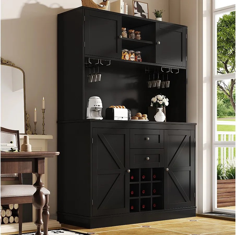 Kredens kuchenny - 4 drzwi i 2 szuflady - Regulowane półki i winnica - Czarny