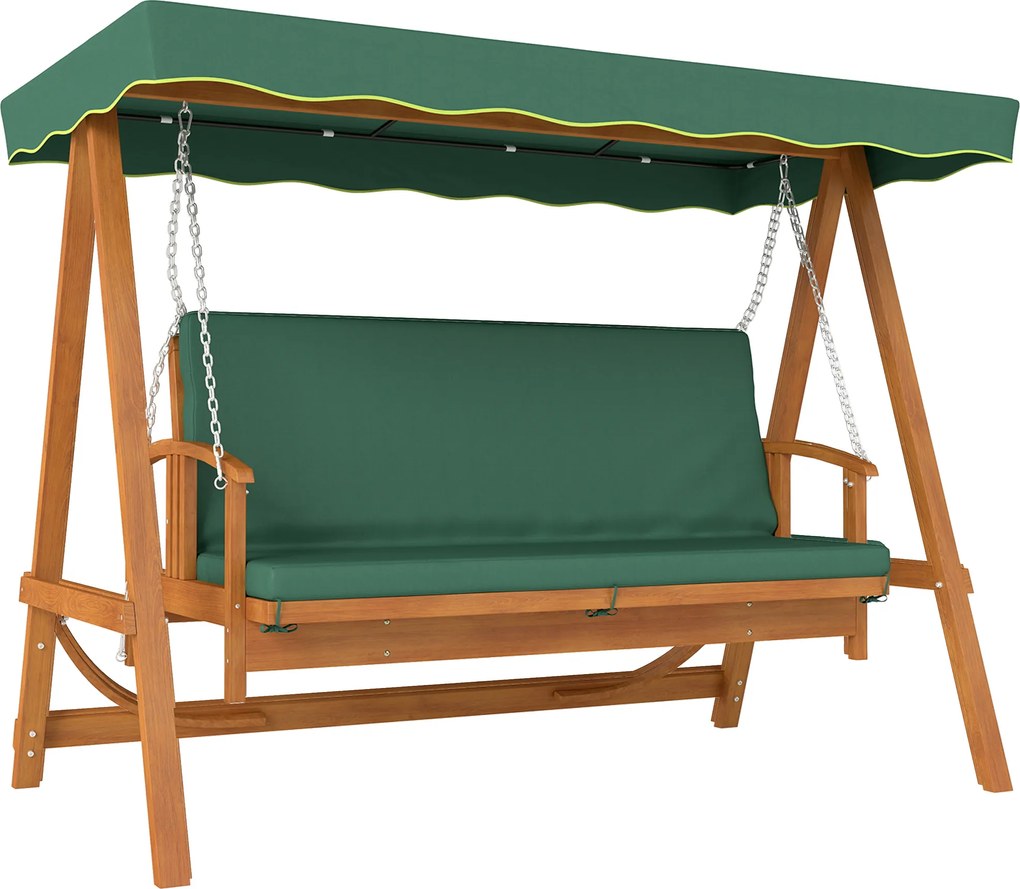 Outsunny Huśtawka ogrodowa z daszkiem, drewniana, z funkcją leżanki, dla 3 osób, Ciemnozielona