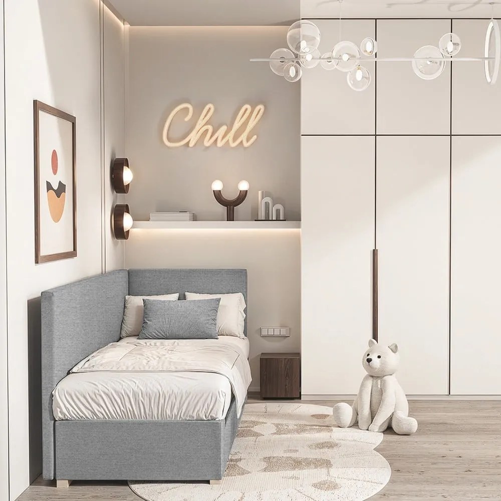 Szare narożne łóżko dziecięce ze schowkiem i materacem 90x200 cm Flexi – Ghado