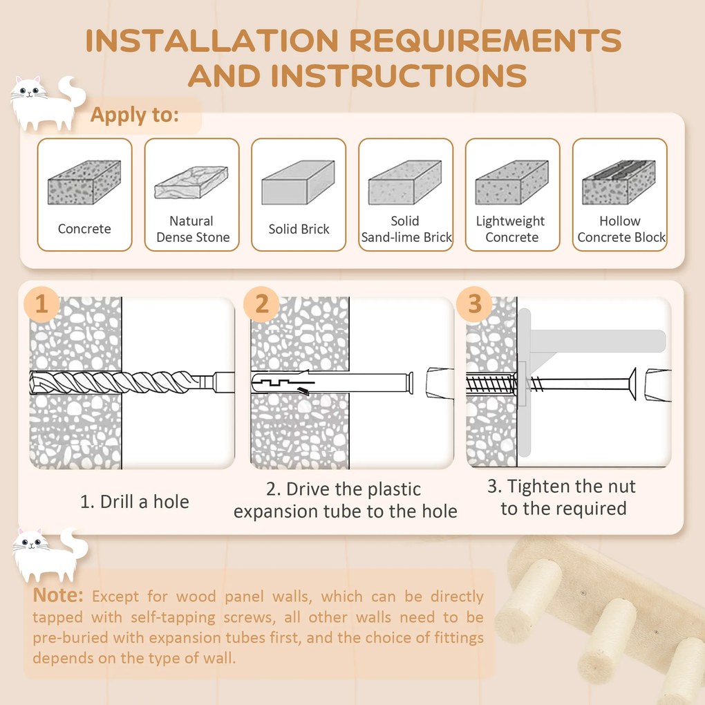 PawHut Zestaw schodków dla kota, montaż ścienny i sufitowy, dla kotów do 5 kg, Beżowy