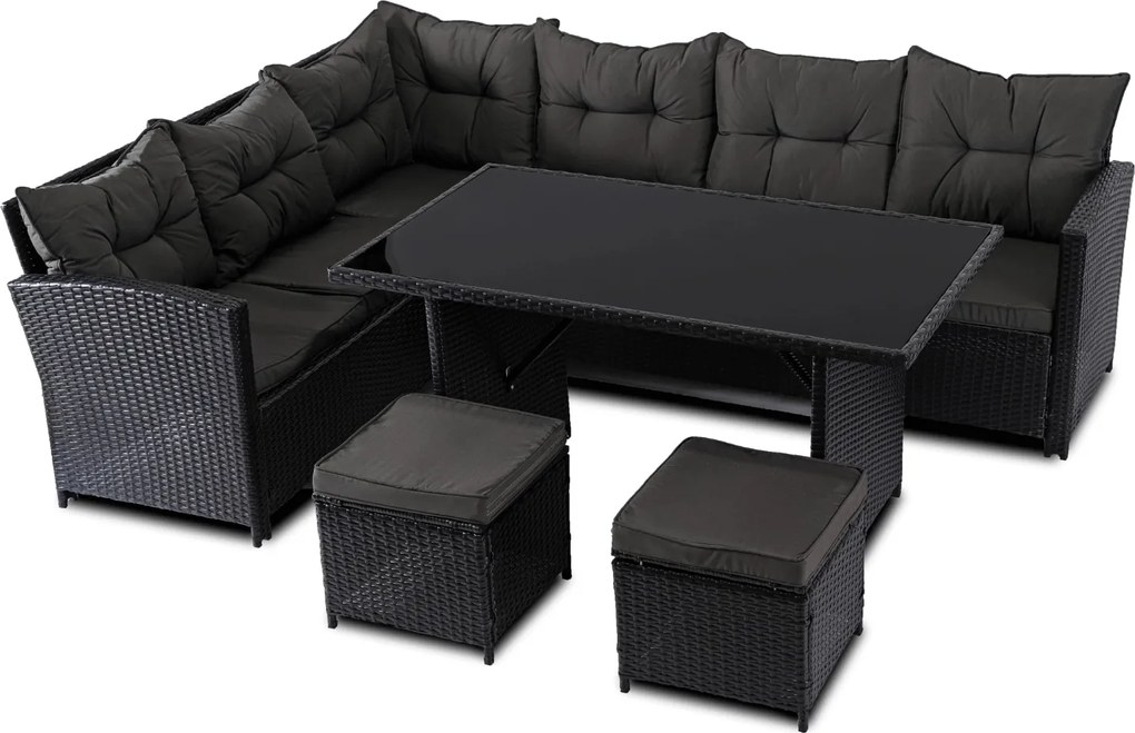 Zestaw mebli ogrodowych Dallas - narożnik, pufy i stół obiadowy, czarny/ciemnoszary
