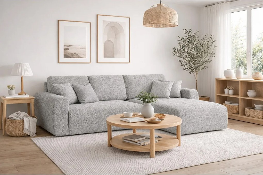 Narożnik w kształcie L z funkcją spania i pojemnikiem Ivo L, tkanina szenilowa Artico, Cement, Prawy