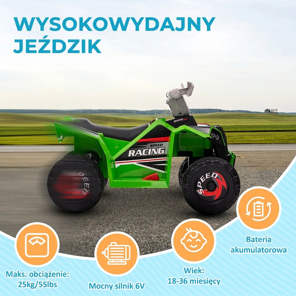 HOMCOM Elektryczny quad dla dzieci, 2,5 km/h, bieg przód &amp; tył, dla 18-36 miesięcy, Zielony