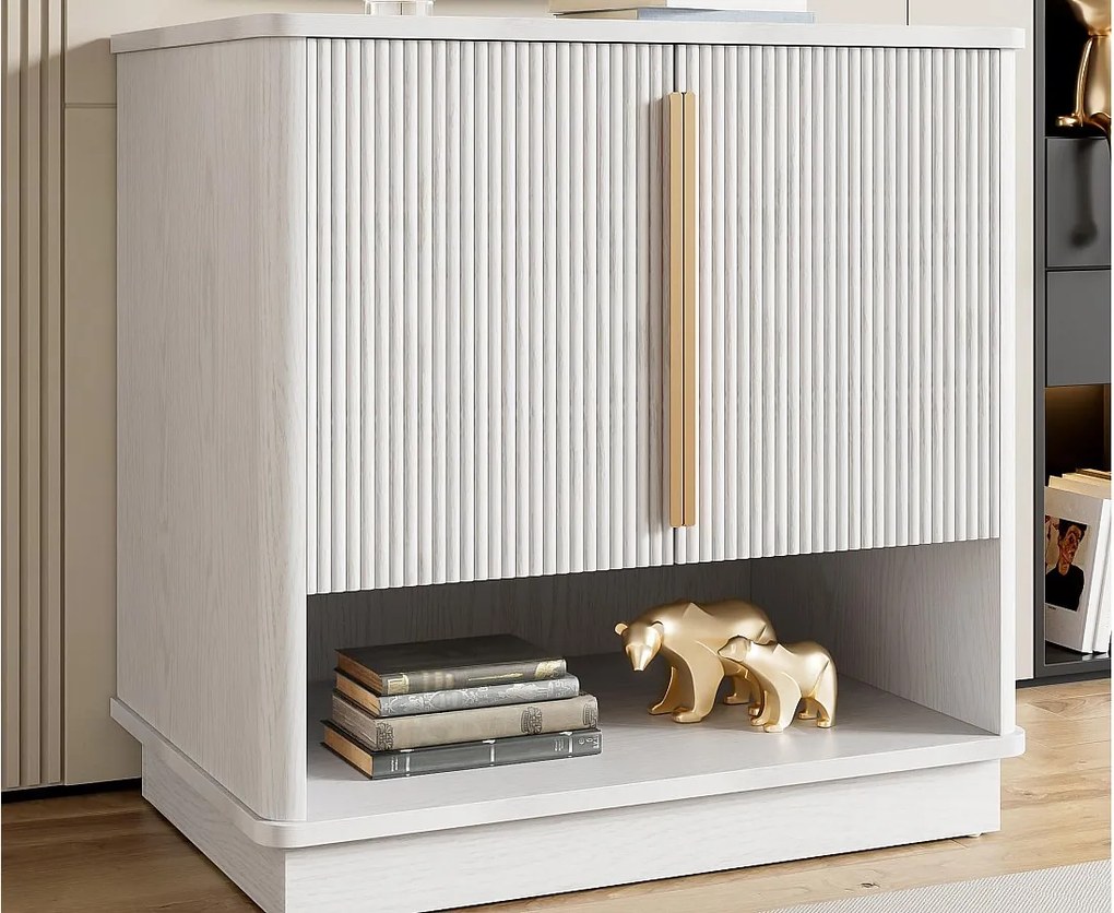 Nowoczesna szafa na buty 60x40x61 cm - 2 fronty - Otwarte półki - Wykończenie imitujące drewno - MDF - Biały