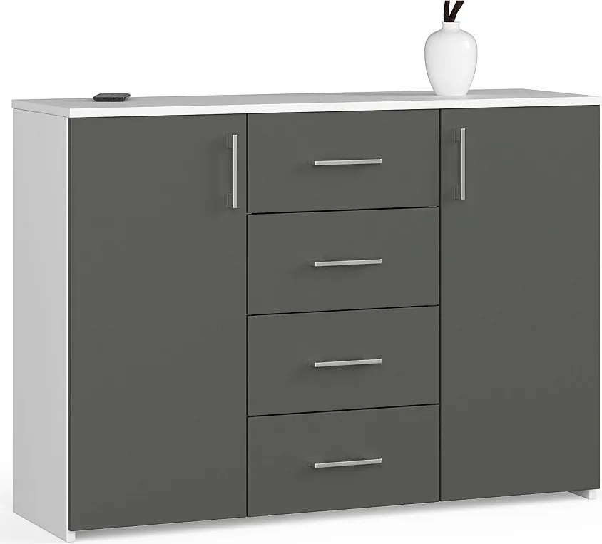 Komoda AKORD K45 Biała 110 cm 2 drzwi 4 szuflady kolor Grafit Szary mat 4 półki 110x35x80 cm