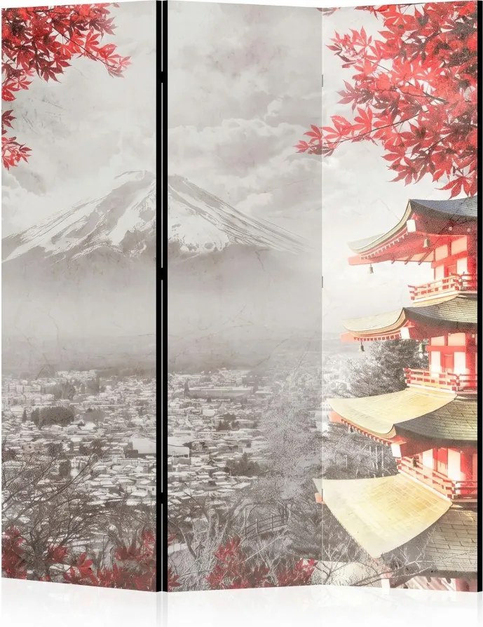 Parawan pokojowy 3-częściowy 135x172 Jednostronny dekoracyjny japandi vintage Szary Fuji I Pagoda