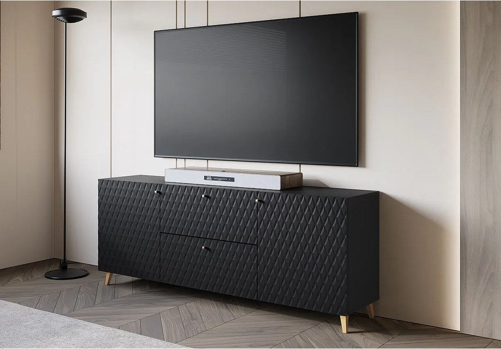 Nowoczesna szafka RTV 180 cm czarny z frezami w romby, złote uchwyty i złote nóżki