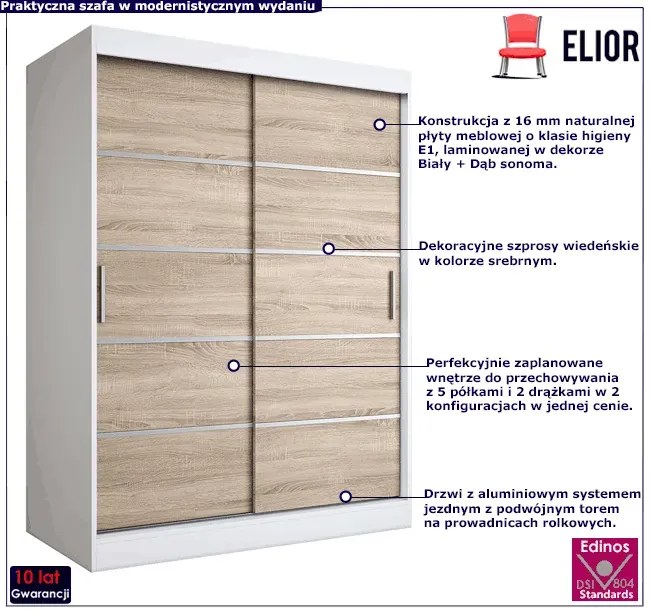 Szafa przesuwna biel + dąb sonoma 150 cm - Bohosa 4X