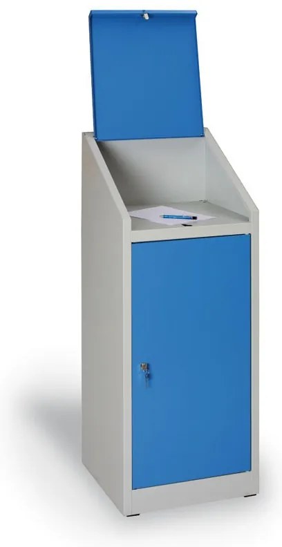 Szafka warsztatowa na narzędzia z pulpitem KOVOS, 3 półki, perforowane drzwi, 500 x 500 x 1300 mm