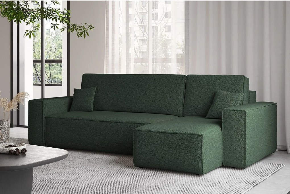 Narożnik z funkcją spania i pojemnikiem, Sofa w kształcie L, BEST L, tkanina Abriamo, Ciemnozielony, Prawy