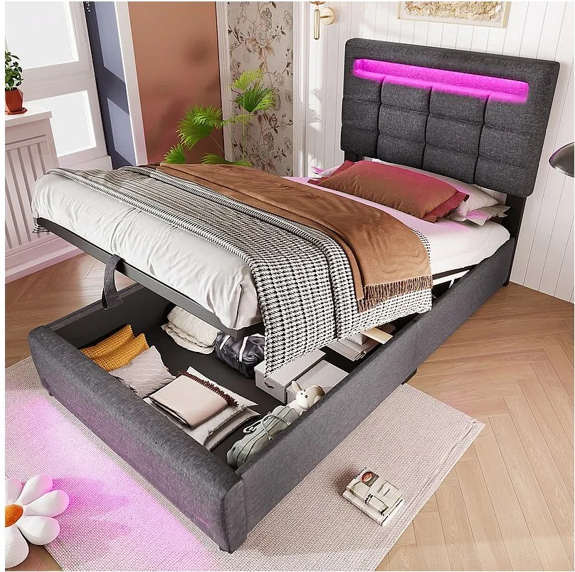 Łóżko tapicerowane 90x200cm - z oświetleniem LED - Len - Szary (bez materaca)