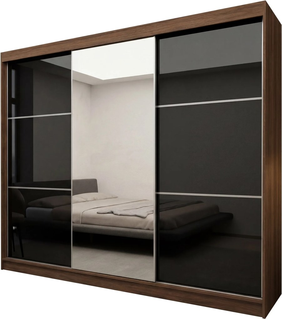 Szafa VITALE - Orzech / Front Czarny / Z lustrem / 4 szuflady / 240 cm
