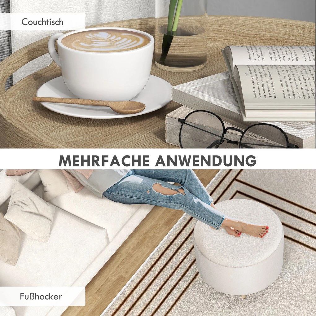 HOMCOM Stołek otomana ze schowkiem, okrągły stołek ze składanym siedziskiem, drewniane nogi, nowoczesny, do salonu, sypialni, biały, Ø56 x 42 cm