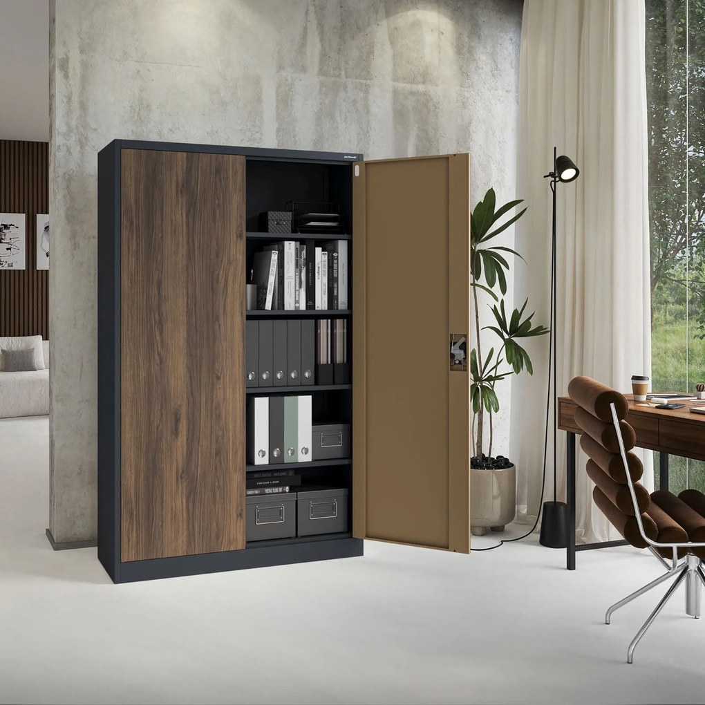 Szafa biurowa na akta szeroka Eco Design Jan II, 115x40x185 cm, antracyt/orzech