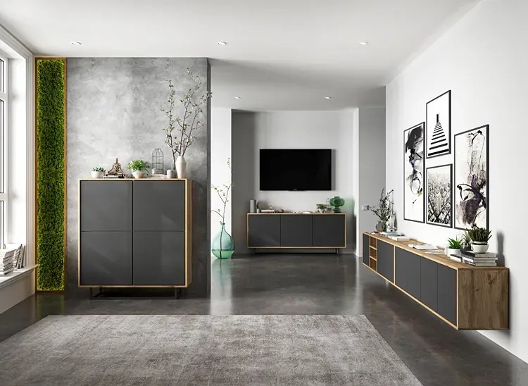 Komplet wiszących szafek rtv dąb wotan + grafit H5-D56