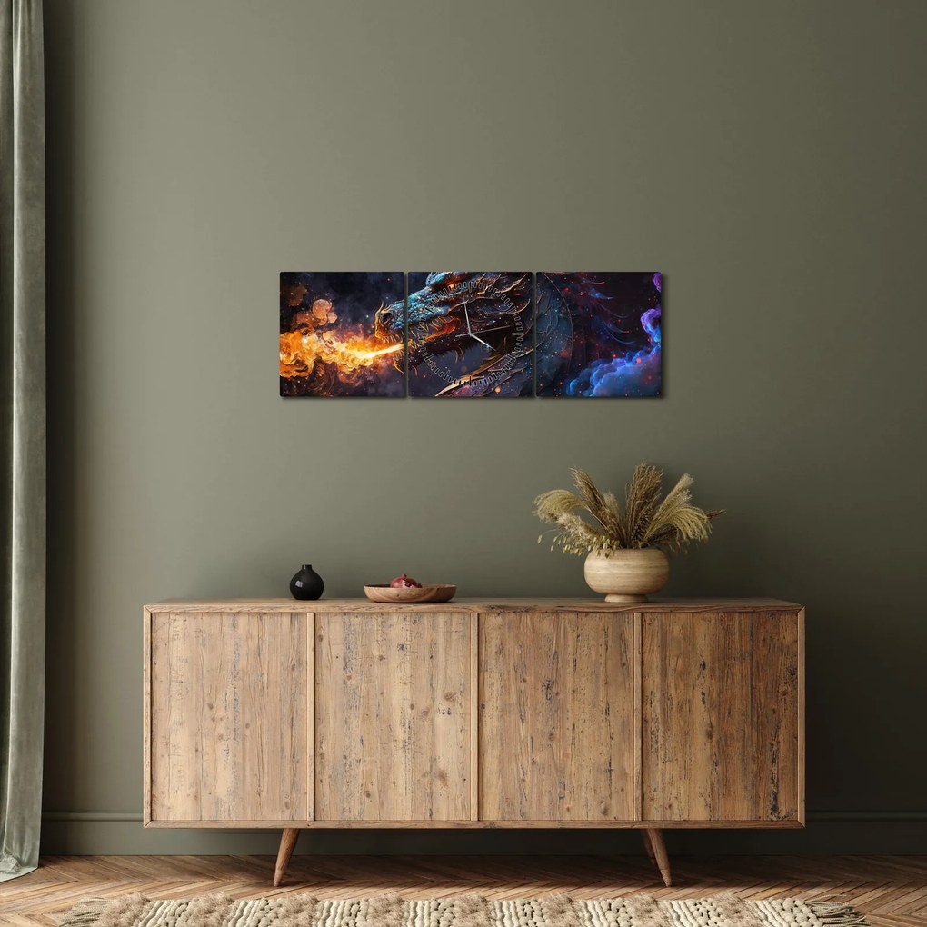 Obraz - Smok plujący płomieniami (z zegarem) (90x30 cm)