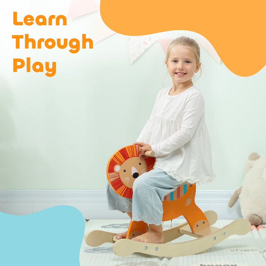 AIYAPLAY Bujak w motywie lwa, udźwig 25 kg, 2-5 lat, drewno, pomarańczowy