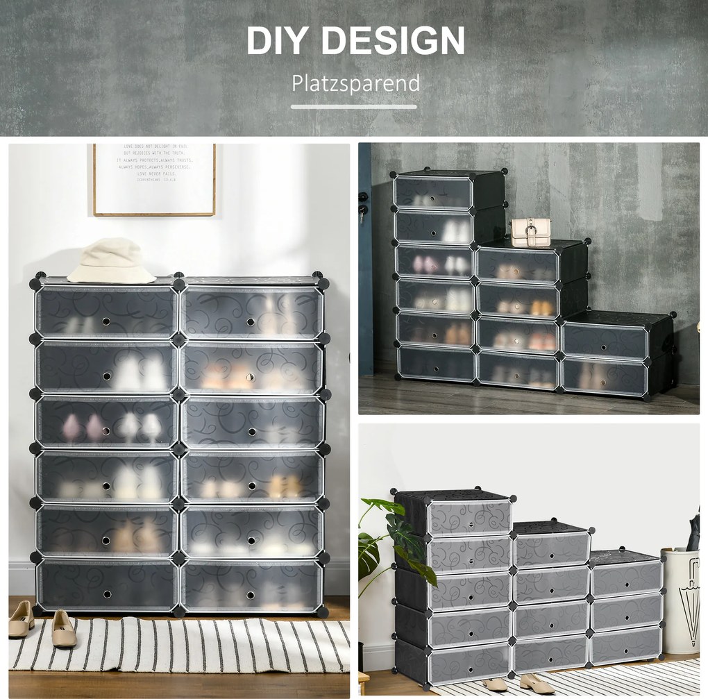 HOMCOM Regał na buty, 12 skrzynek na 24 pary butów, Plastik, Czarny+Biały