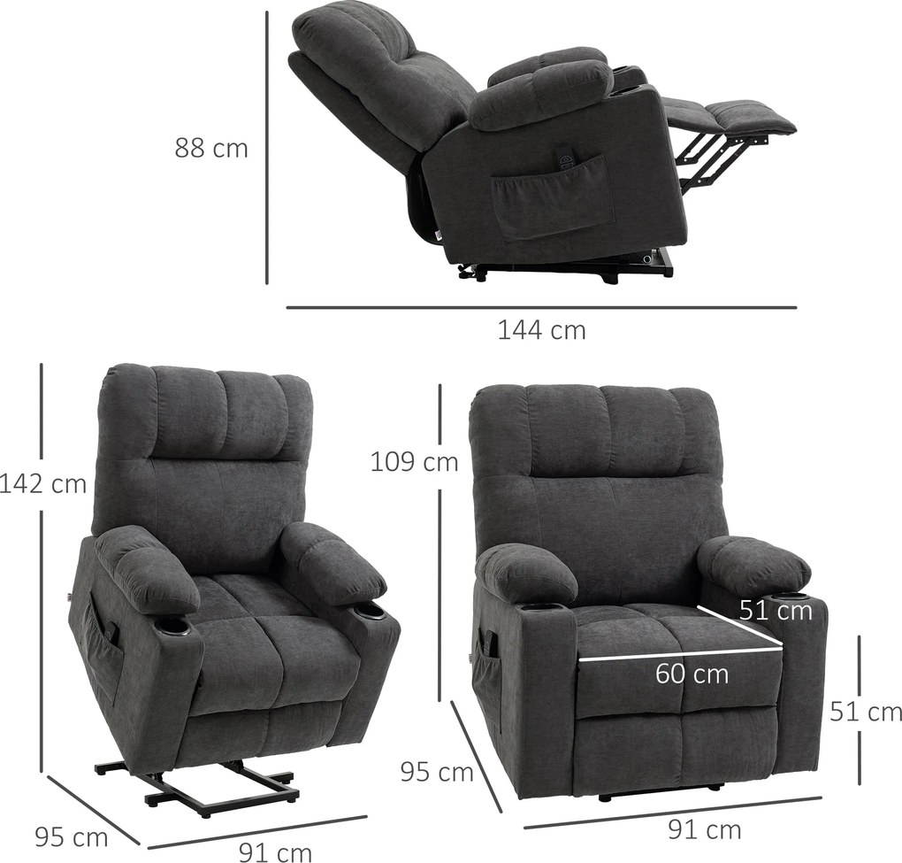 HOMCOM Fotel dla seniora z funkcją podnoszenia i leżenia z pilotem ciemnoszary 144 cm x 91 cm x 88 cm | Aosom PL