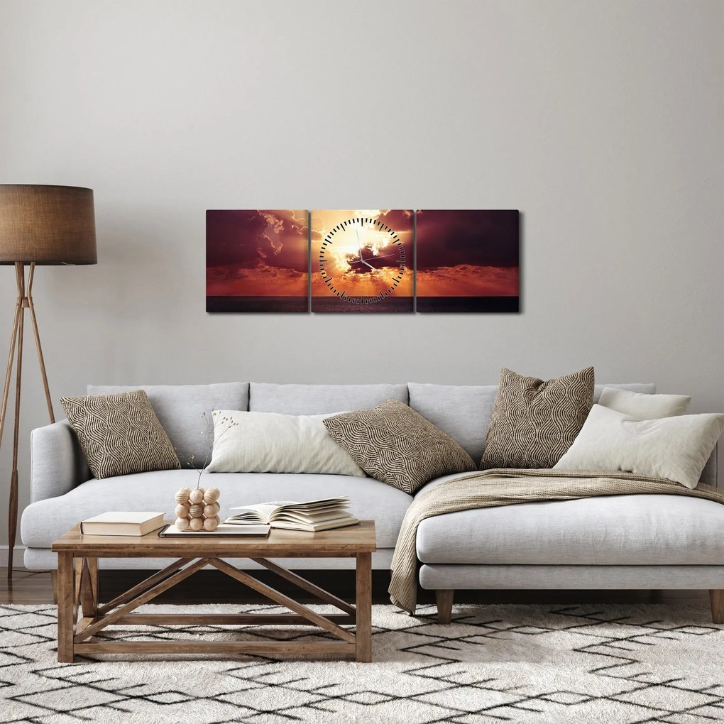 Obraz słońca za chmurami (z zegarem) (90x30 cm)