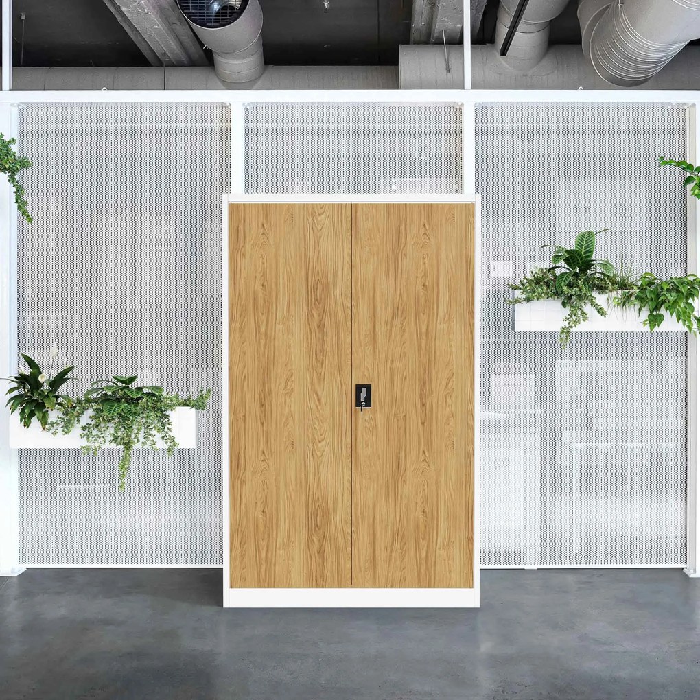 Szafa biurowa metalowa na akta, szeroka, biały/złoty dąb, 1150x1850x400 mm: JAN II Eco Design