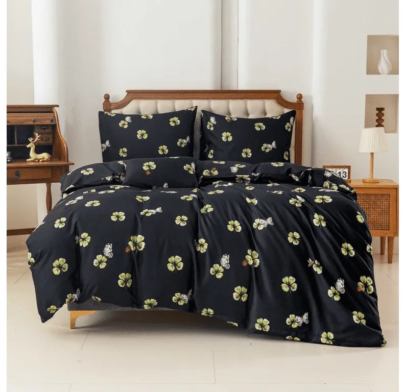 PrzytulneMieszkanie.pl PrzytulneMieszkanie.pl Pościel z mikrofibry FOUR LEAF CLOVER czarne Rozmiar pościeli: 2 szt 70 x 90 cm | 200 x 220 cm