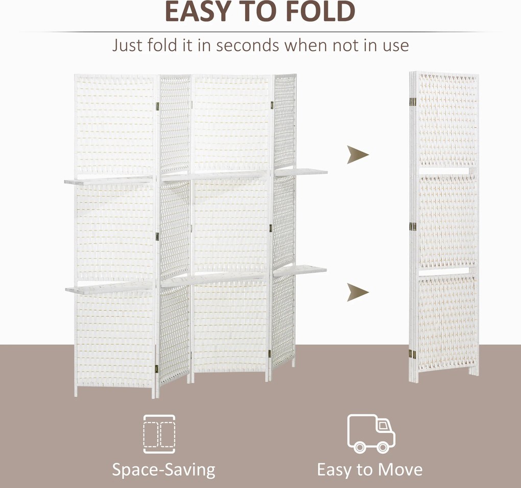 HOMCOM Parawan 4-częściowy 181 x 180 cm, Składany, z 2 półkami wykonany z drewna sosnowego i bambusa, do sypialni, biały | Aosom PL