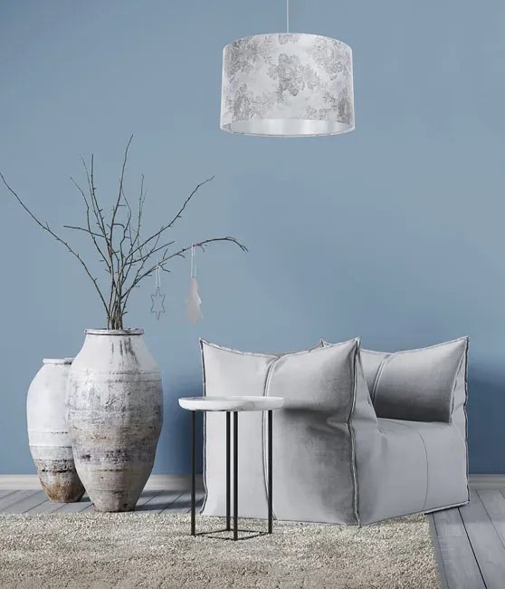 Srebrna lampa wisząca z nadrukiem na kloszu - S393 T7-F60