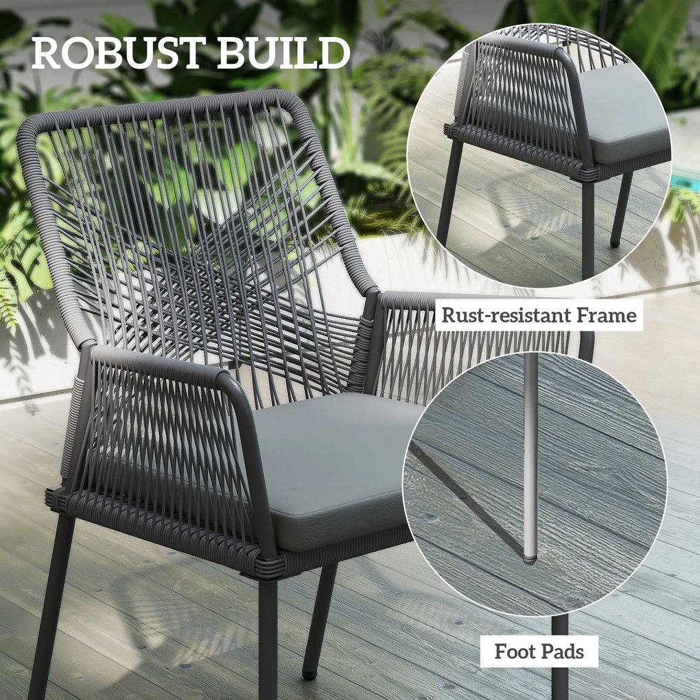Outsunny Zestaw 2 Krzeseł Ogrodowych, Krzesła Tarasowe, Zdejmowane Poduszki, Oparcie, Podłokietniki, Stal, Rattan, Ciemnoszary