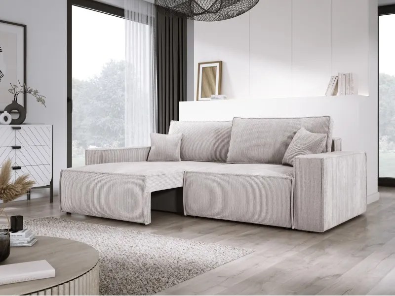 Kanapa KASJO Uniwersalny Sofo-Narożnik z funkcją spania i poduszkami, 2x pojemnik POSO 100 Brudna biel DOMOHOME