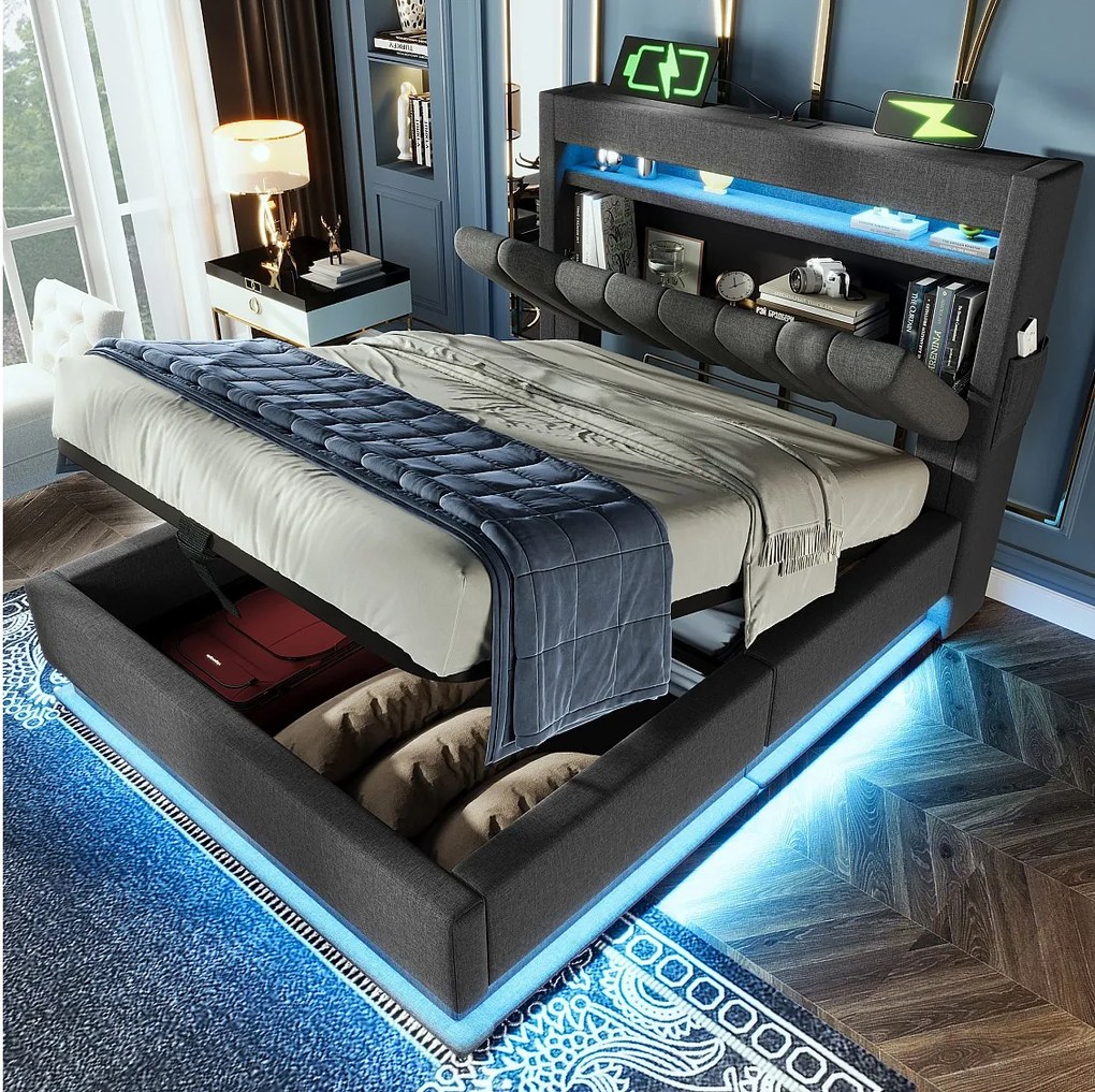 Łóżko tapicerowane ze schowkiem - 90 x 200 cm - z wezgłowiem + USB + LED - schowek hydrauliczny - len - szary