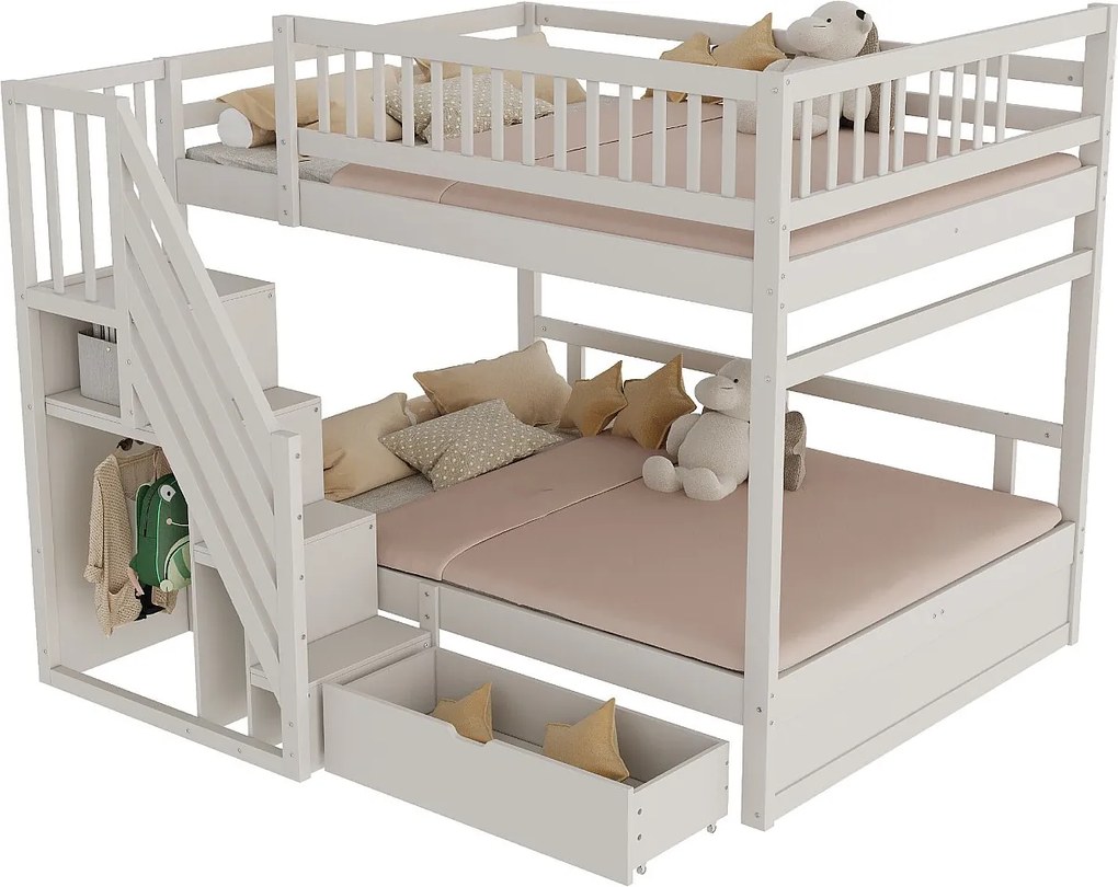 Łóżko piętrowe dla dzieci - 2 x 140 x 200 cm - z 1 szufladą + schowkiem schodowym - drewno + płyta MDF - białe