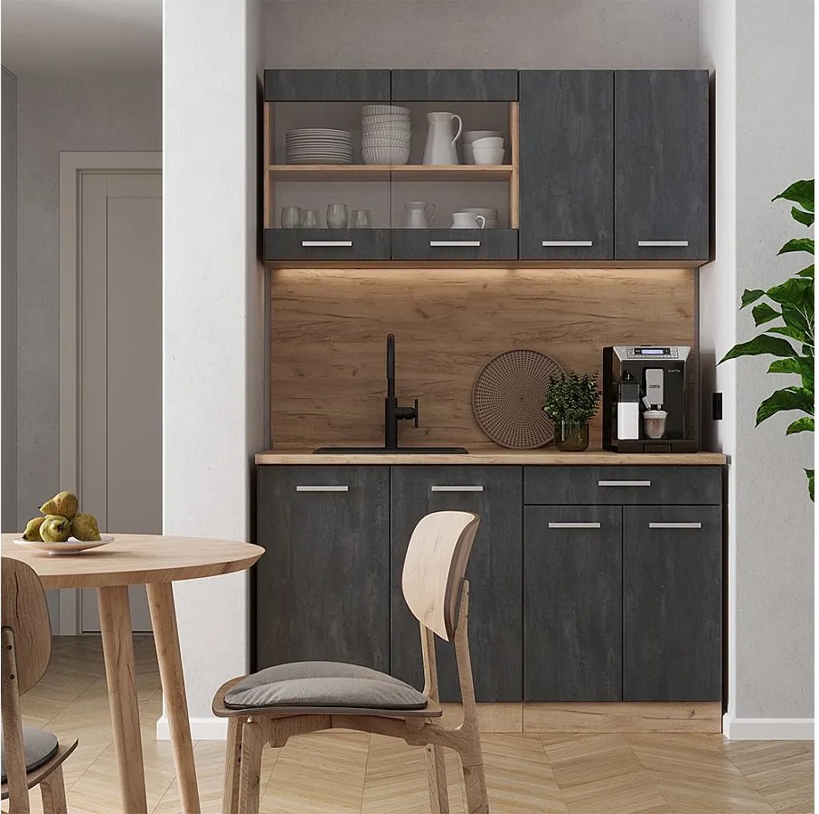 Pojedyncza kuchnia czarny beton/złoty dąb 140x60x81.6 r-line