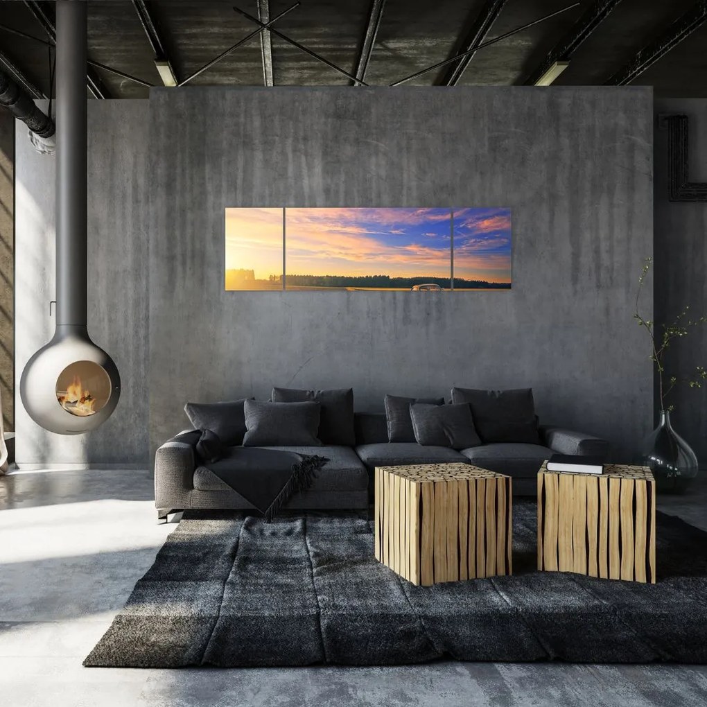 Obraz żółtego samochodu na polu (170x50 cm)
