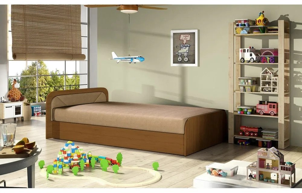 Tapicerowane/z płyty wiórowej łóżko jednoosobowe ze schowkiem z materacem 80x190 cm w kolorze ochry/beżowe Parys – ELTAP