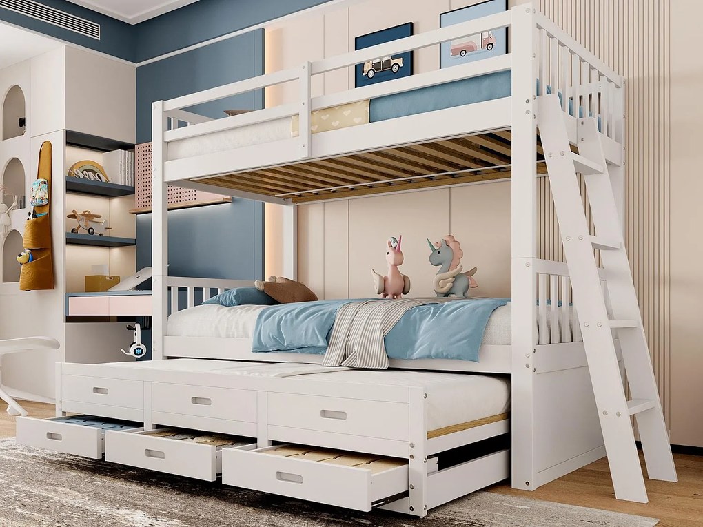 Łóżko piętrowe 90x200cm - z łóżkiem wysuwanym i 3 szufladami - z litego drewna sosnowego i MDF - Białe