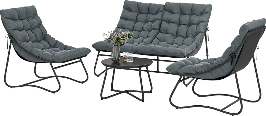 Outsunny Zestaw Mebli Ogrodowych dla 4 Osób, 2 Krzesła, 1 Sofa Dwuosobowa, 1 Stolik z Szkłem, Grube Poduszki, Stalowa Rama, na Taras, Szary