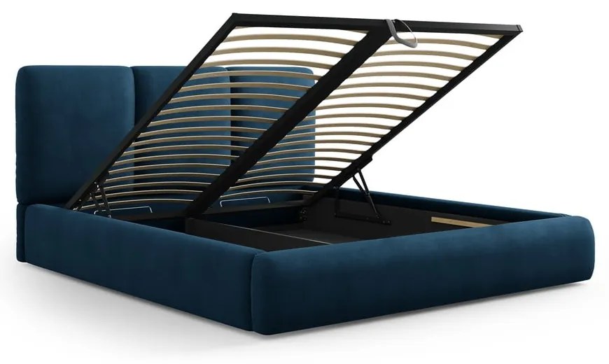 Ciemnoniebieskie tapicerowane łóżko dwuosobowe ze schowkiem i stelażem 140x200 cm Brody – Mazzini Beds