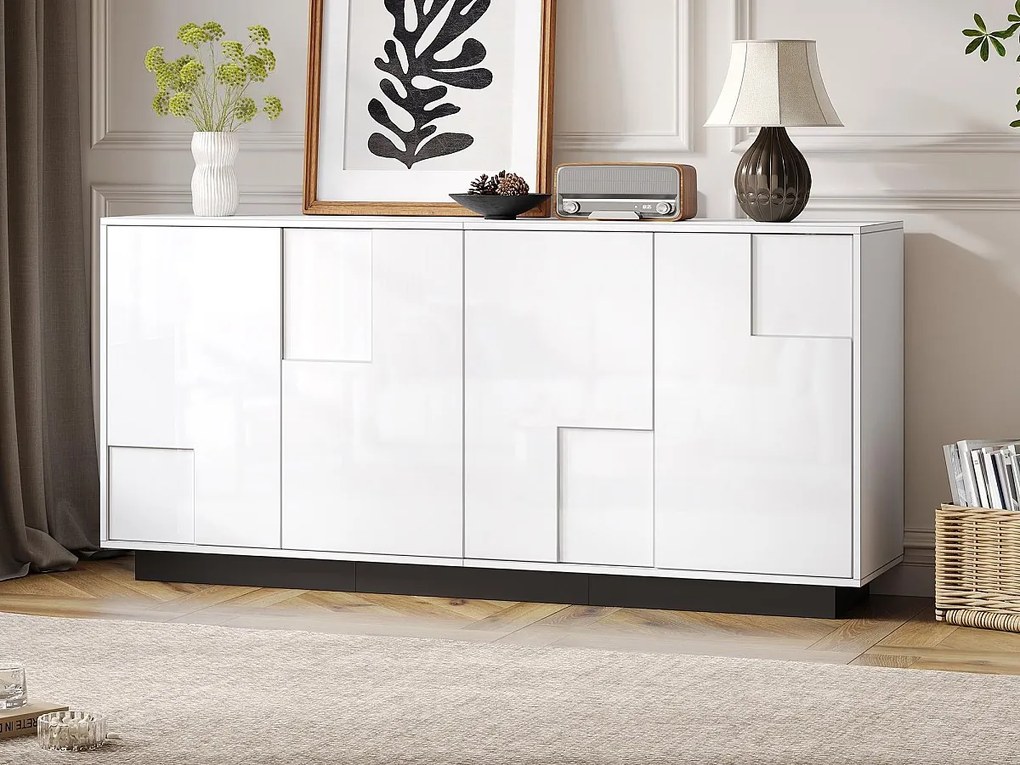 Buffet 160x37x75,5 cm - z 4 frontami - Wzór geometryczny - Płyty wiórowe - Biały