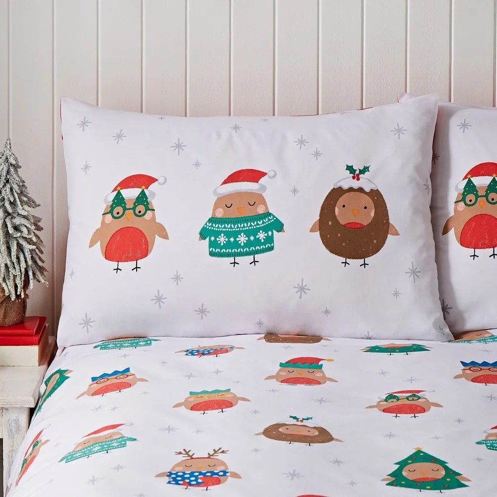 Czerwono-biała pościel jednoosobowa 135x200 cm Party Robins – Catherine Lansfield