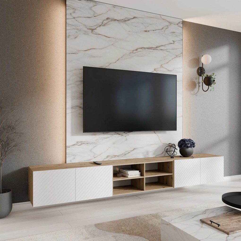 Szafka RTV wisząca CAVA 300 cm do Salonu pod Telewizor - Dąb artisan