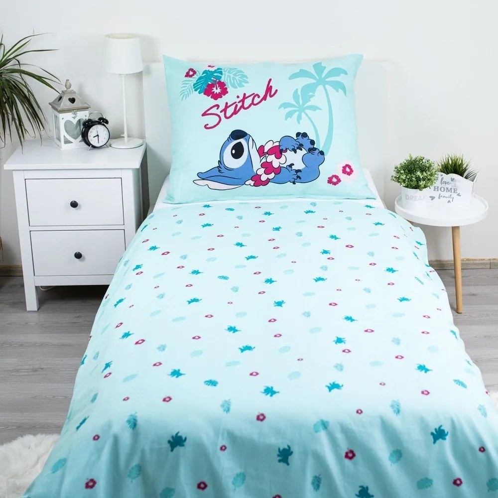 Niebieska bawełniana pościel dziecięca jednoosobowa 140x200 cm Lilo a Stitch "Hawaii" – Jerry Fabrics
