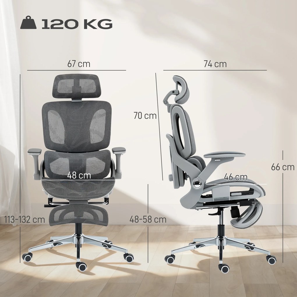 HOMCOM Ergonomiczny fotel biurowy, fotel komputerowy z siatki z oddzielnym oparciem, podparcie lędźwiowe, 4D składane podłokietniki, Szary | Aosom PL